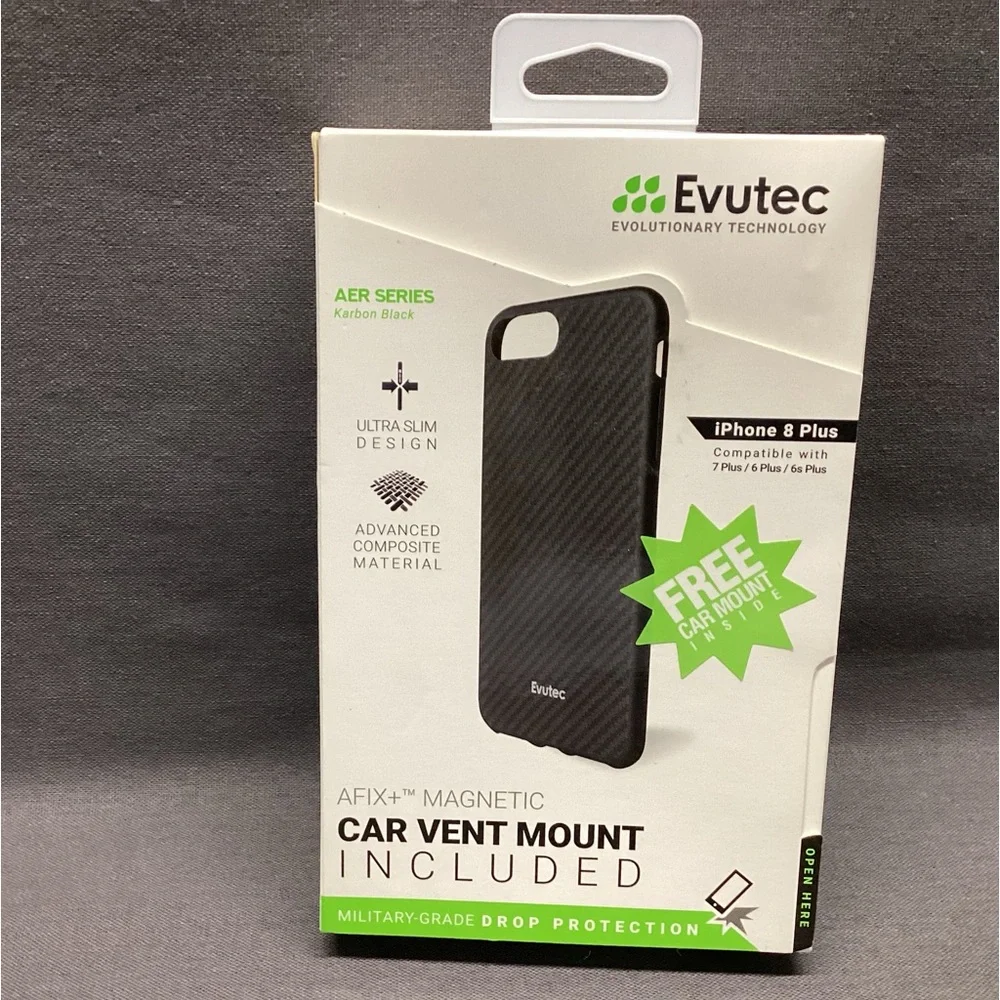 EVUTEC AER SERIES IPHONE 8 PLUS CASE WITH CAR VENT MOUNT COLOR: KARBON BLACK NWT
